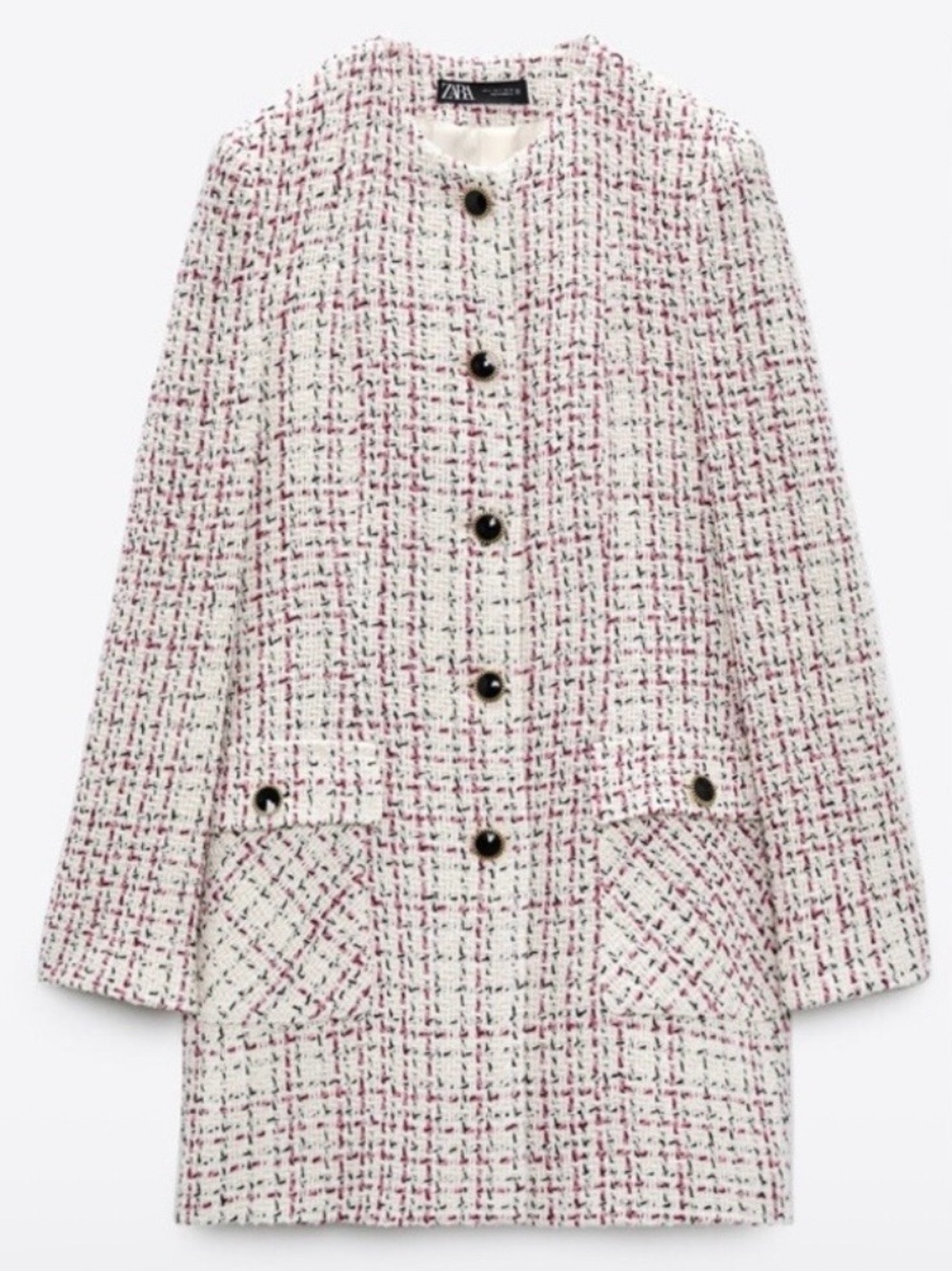 Zara Cream Tweed Blazer Jacket with Pink and Black Threading